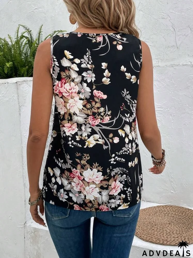 Floral Printed V-Neck Sleeveless Vest Top For Women, Summer