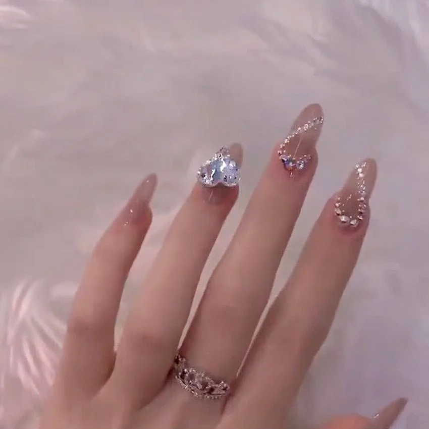 24Pcs/Set Nails Extension System Full Cover Coffin Medium Dripping Diamond Heart Shape Press on False Nail Tips-Nail Inspo