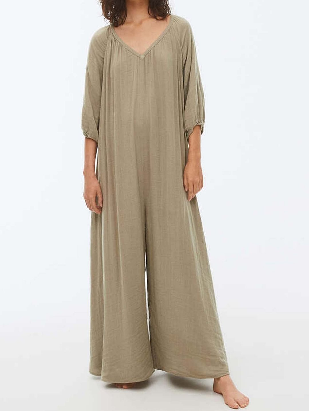 V Neck Three Quarter Length Sleeve Wide Leg Jumpsuit