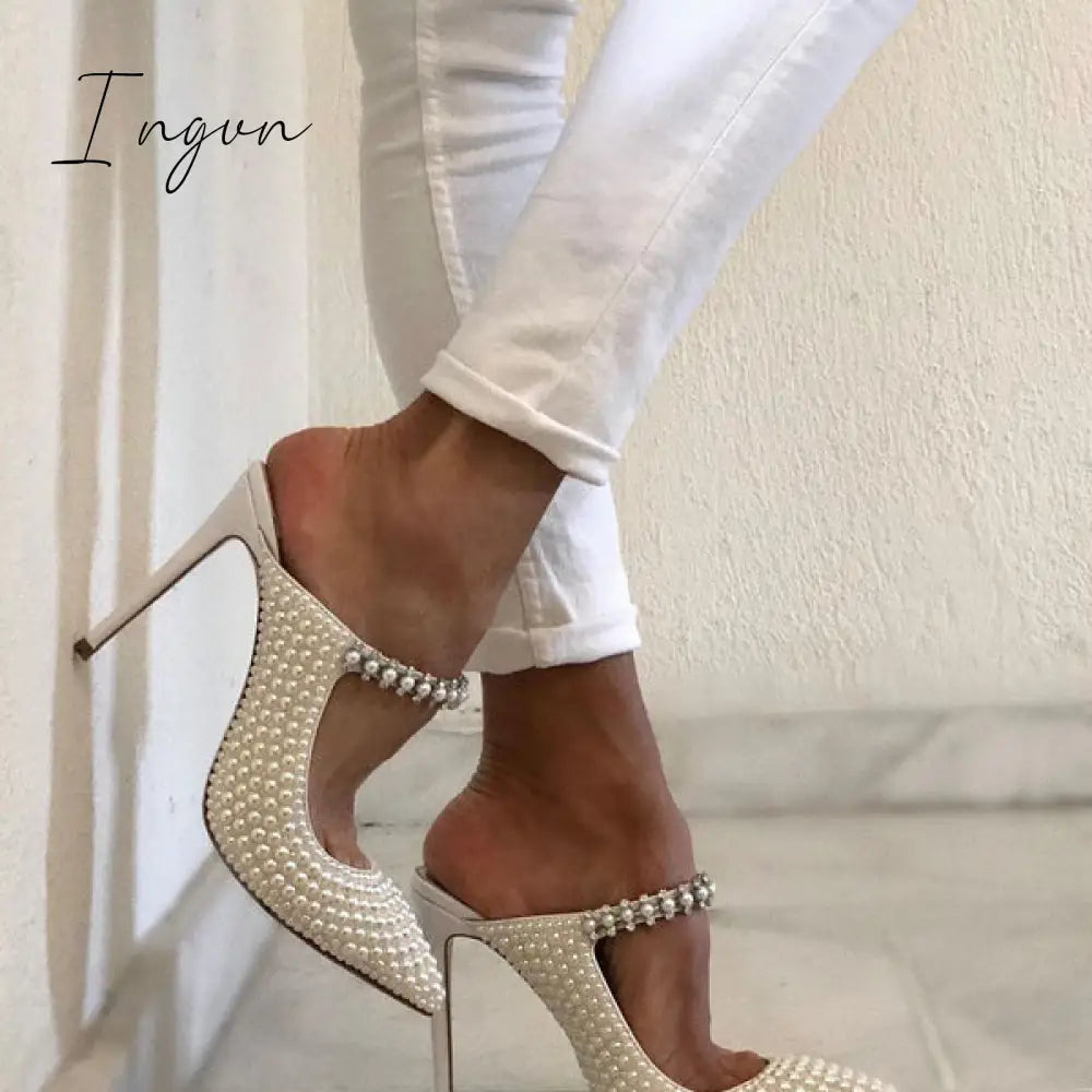 Ingvn - Chic Women Pearl Detailed High Heels White / 5