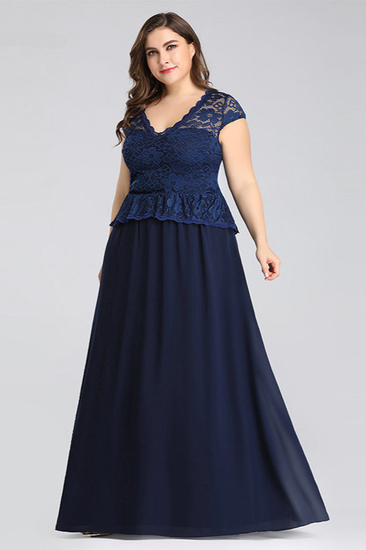 Glamorous Navy Blue Lace Long Plus Size Evening Gowns Online