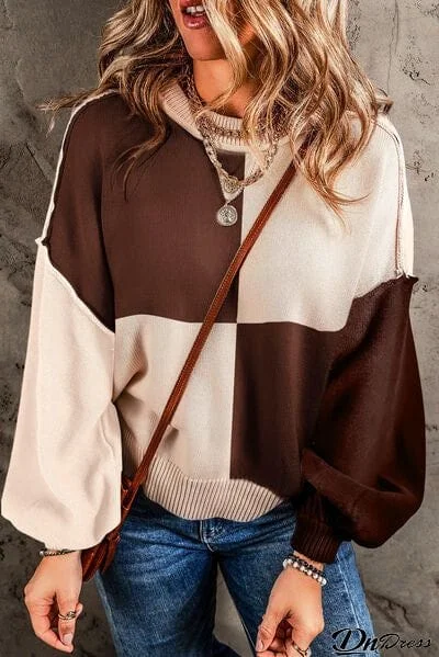 Color Block Exposed Seam Dropped Shoulder Sweater