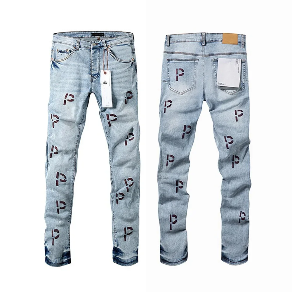 Topographys 25SS New Purples jeans Men high street Retro wash Light blue hole patch trend Stylish low raise Elastic Skinny jeans brand pants