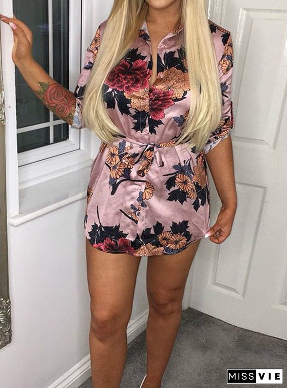 Floral Print Notched Dress Women Summer Long Sleeve Sexy Split