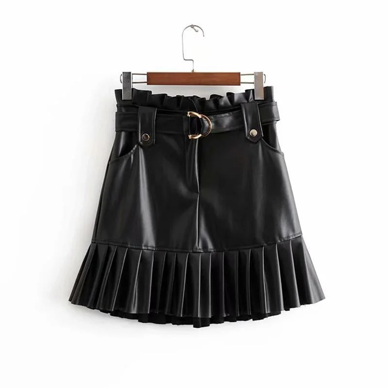 Fitaylor Women Chic PU Leather Pleated Skirt Ruffles Tie Belt Waist Pocket Skirt Zipper Fly Ladies Elegnt Mini Skirts Jupe Femme