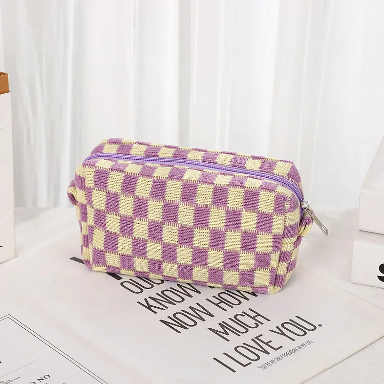 JOURNALSAY Creative Checkerboard Large Capacity Pencil Cases Zipper Knitted Office