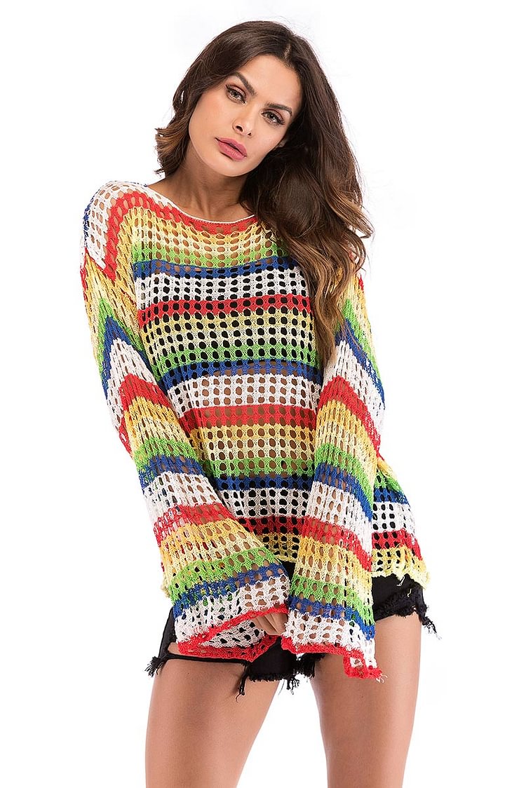 Rainbow Striped Cut Out Knit Blouse - Life is Beautiful for You - SheChoic