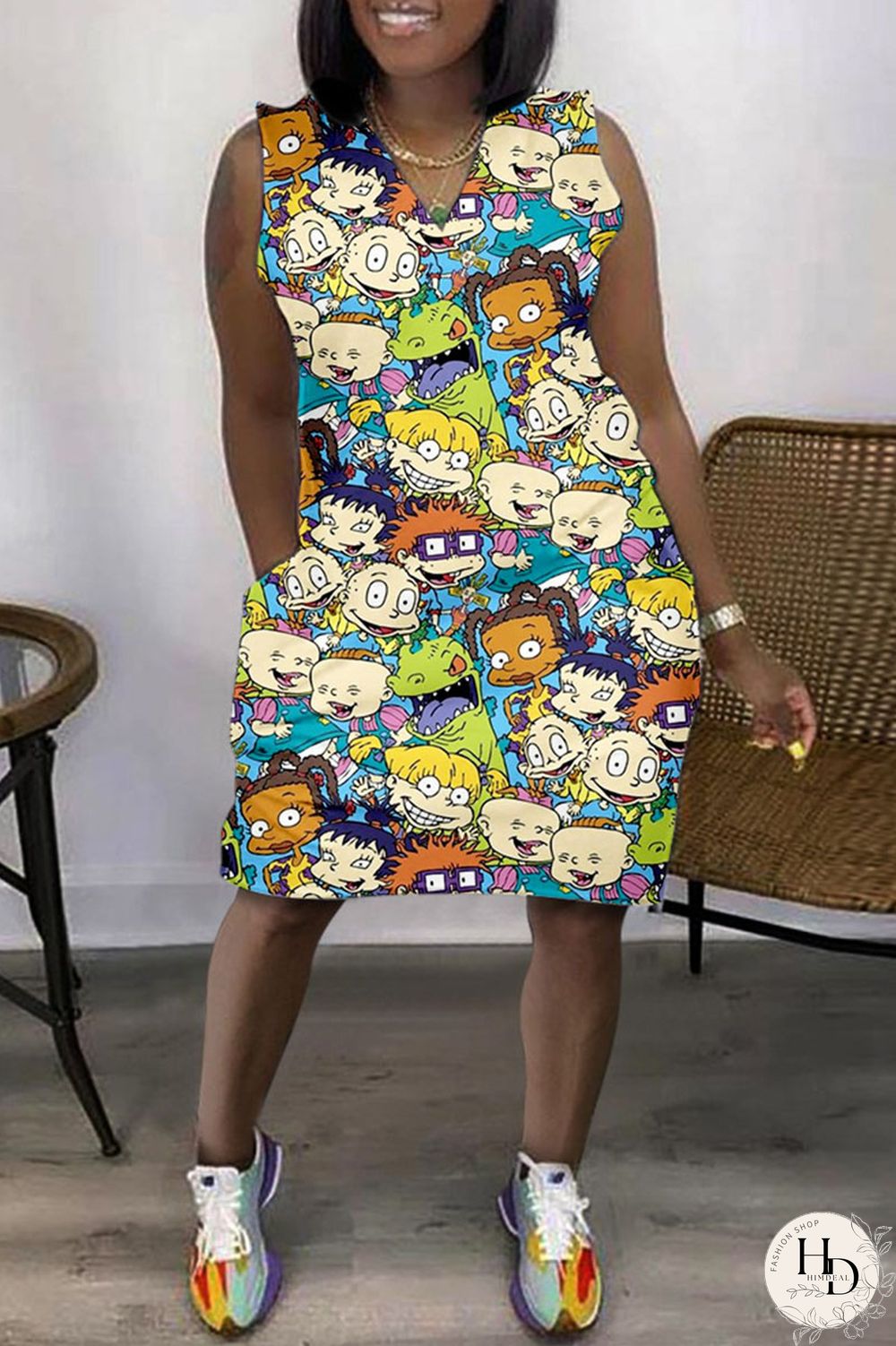 Colour Casual Print Basic V Neck Sleeveless Dress Dresses