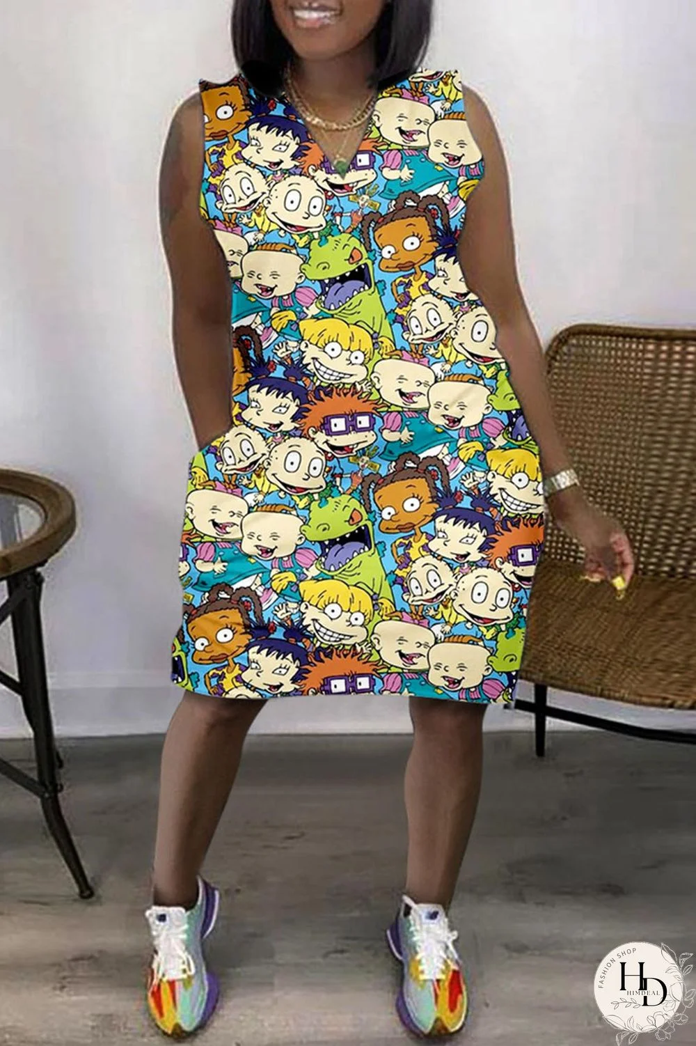 Colour Casual Print Basic V Neck Sleeveless Dress Dresses