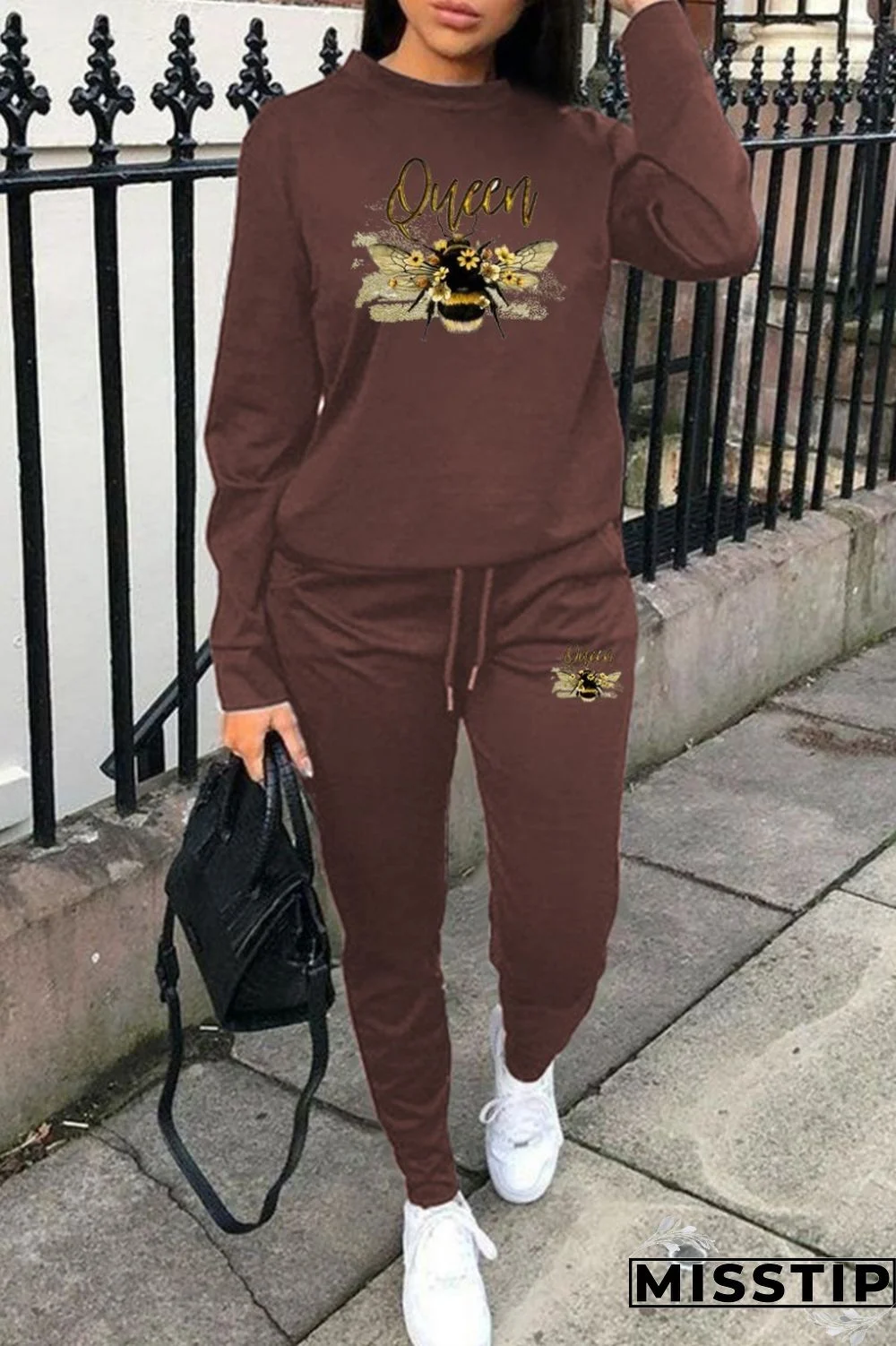 Brown Casual Print Basic O Neck Long Sleeve Two Pieces