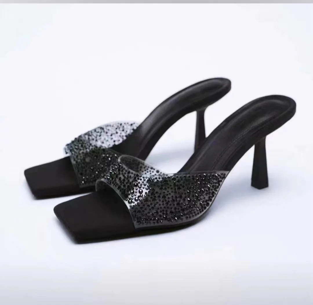 Tanguoant Tanguoant Summer New Style Slippers Female Transparent Diamond Square Head A Character High With Fashion Large Size Sandals
