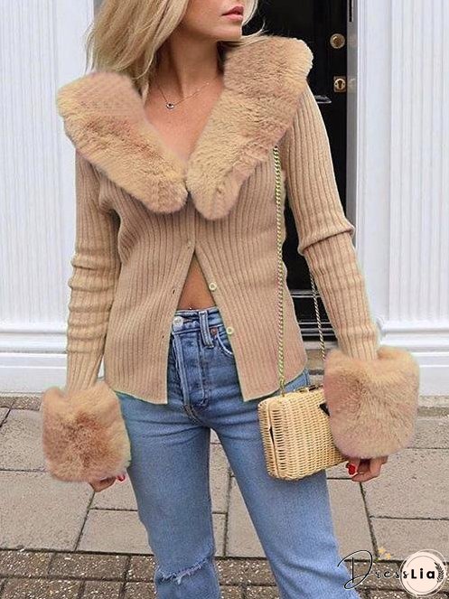 Coats Fur Collar Button Long Sleeve Coat for Women