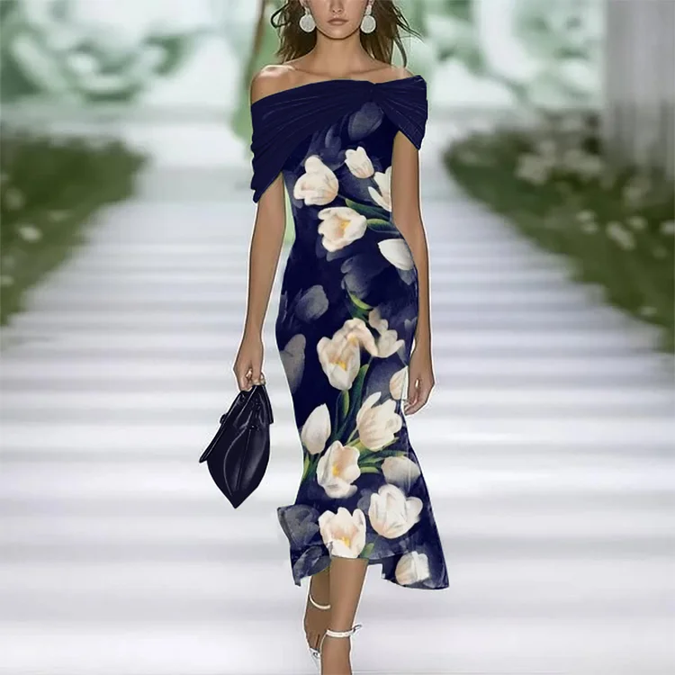 Elegant Spring Summer Floral Print Off Shoulder Dress
