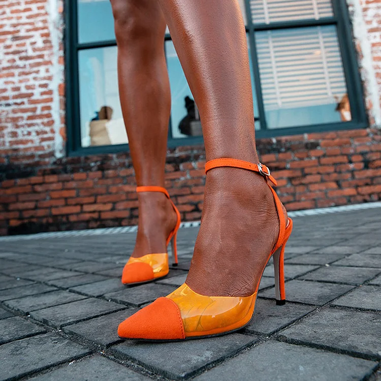 Orange Pointed Stiletto Heel Shoes Women's Ankle Strap Vegan Suede Pumps |FSJ Shoes