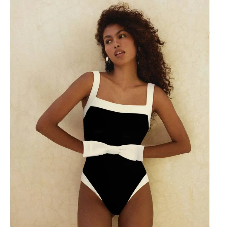 Bowknot Decor Color Block One Piece Swimsuit And Skirt In Black