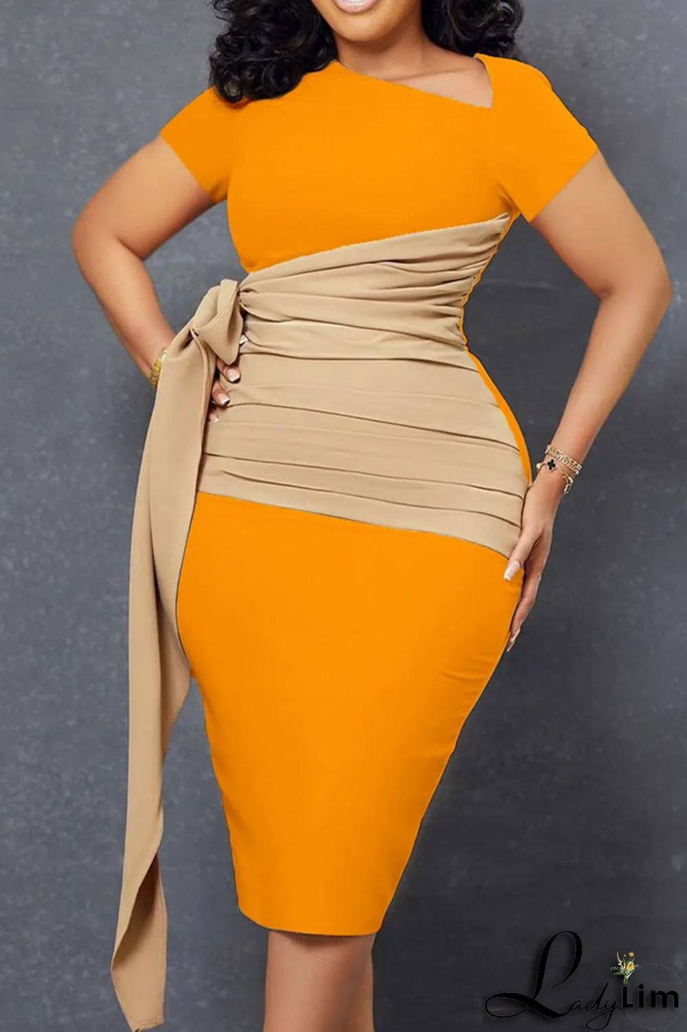 Rose Red Casual Solid Bandage Patchwork Fold Asymmetrical Collar One Step Skirt Dresses