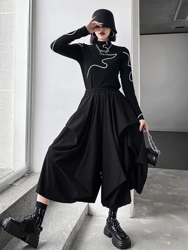 Fashion Irregularity Wide Leg Solid Color Elastic Waist Cropped Pants