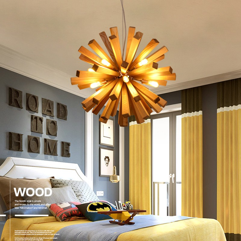 Nordic Wood Chandelier Dandelion-Shaped Pendants Lights For Bedroom