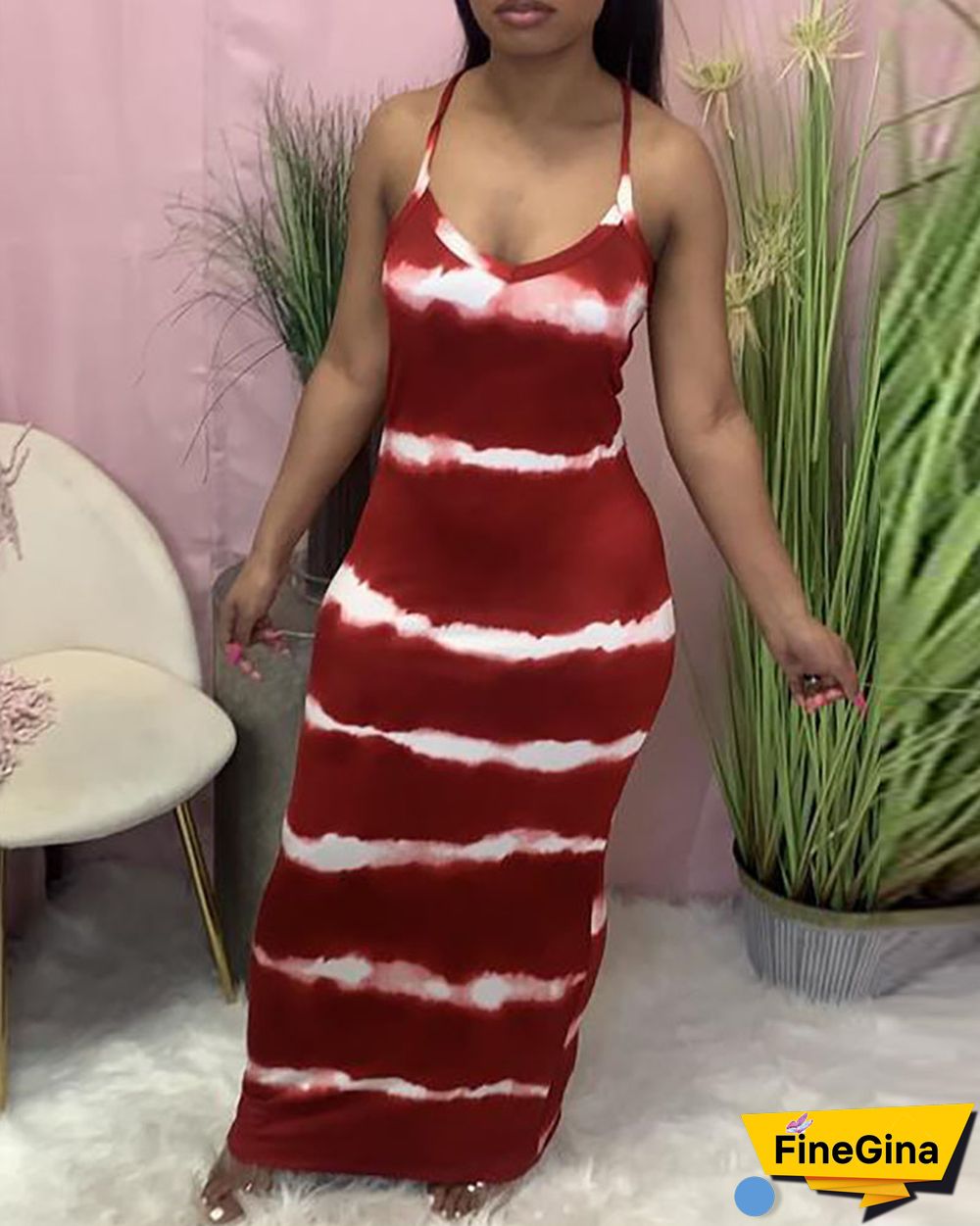 Tie Dye Print V-Neck Thin Strap Maxi Dress