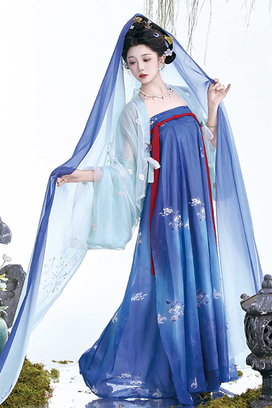 Tang Dynasty Blue Hanfu Dress with Embroidery and Qi Xiong Ru Qun - xiahefeng 夏禾风 Stupa Stones