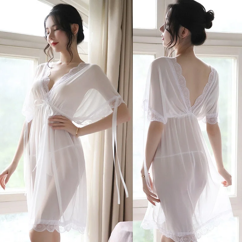 Summer Sexy Women Nightgowns Sheer Mesh Short-sleeved Nightdress Female Hot Sexy Lingerie Lace Sleepwear Nightwear