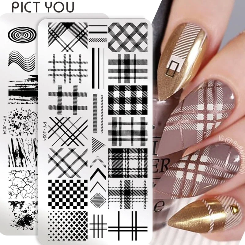 PICT YOU Plaid Check Nail Stamping Plates Xmas Tiger Zebra Marble Pattern Nail Art Image Plates Nail Printing Stencil Template-Nail Inspo