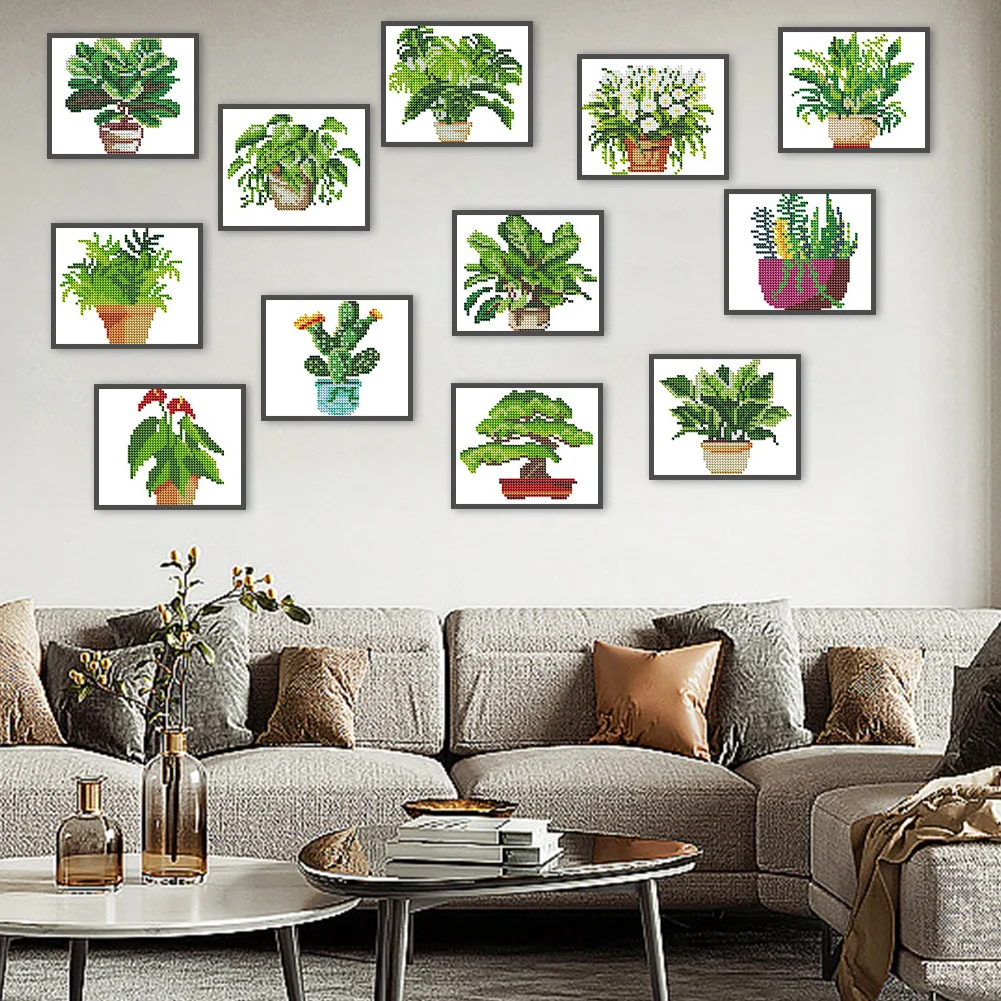 12pcs Plant DIY Mini Round Diamond Painting Set Table Decor No Frame 15x18cm