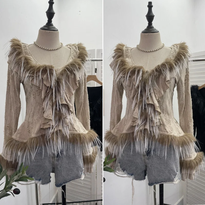 Uveng Real Shooting Waste Soil Wind Irregular Wood Ear Trumin Knitting To Make Old Hole Splicing Hairy Blouse Hottie Cardigan 2987