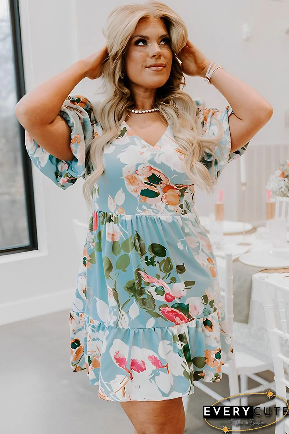 Sky Blue Floral Print Ruffled Puff Sleeve Plus Size Mini Dress