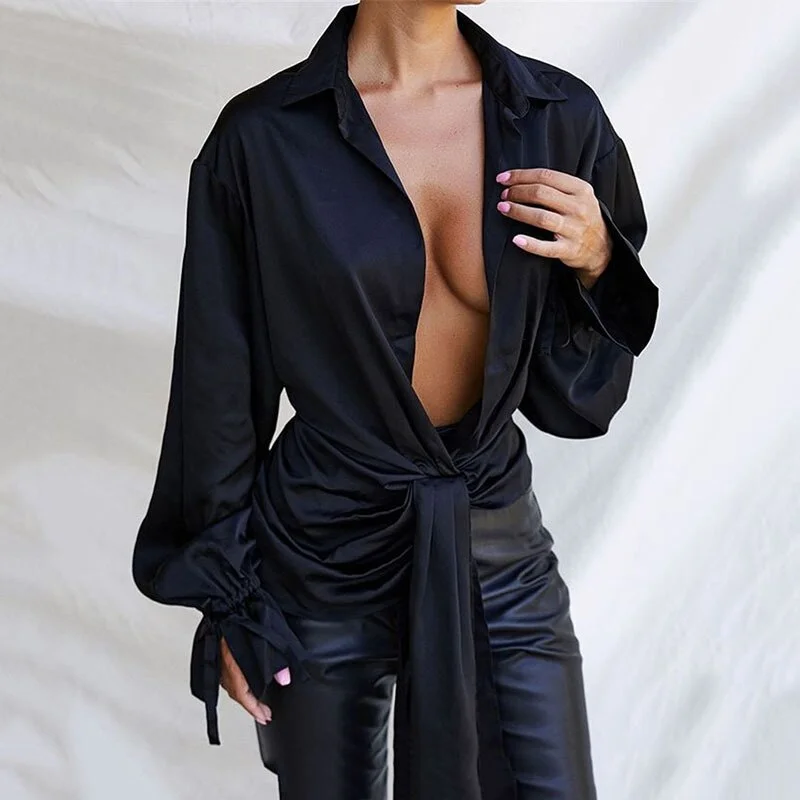 Cryptographic Fashion Turn-Down Collar Long Women Top and Shirts Blouse Blusas Black Elegant Puff Long Sleeve Plunge Tops Blouse