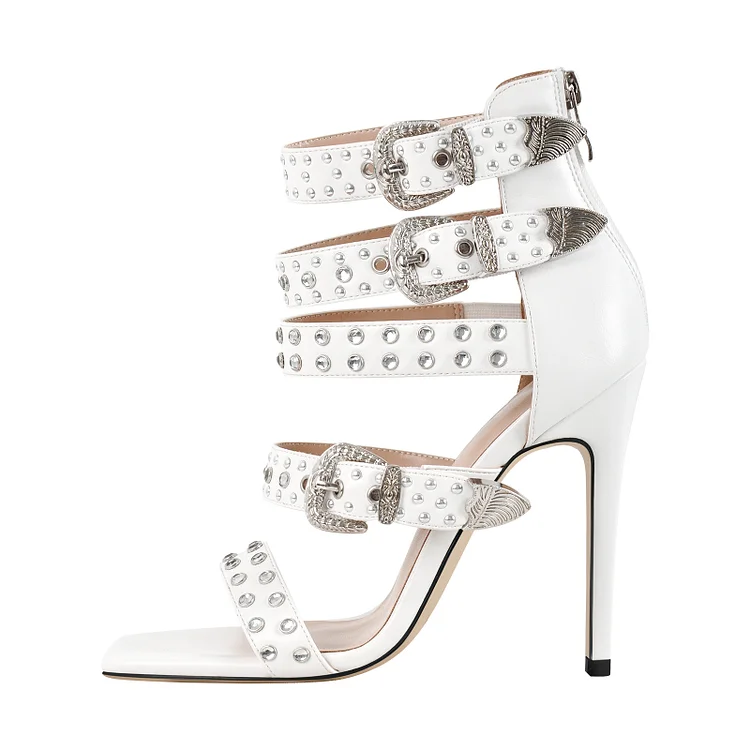  Statement Rivet Buckle Straps Square Toe Stiletto Sandals
