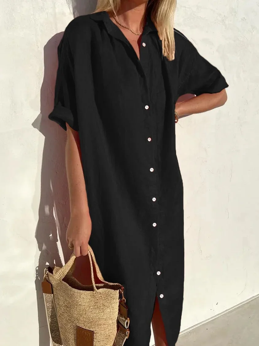 Brownm Casual Loose Sleeves Button Dress Cotton And Dresses