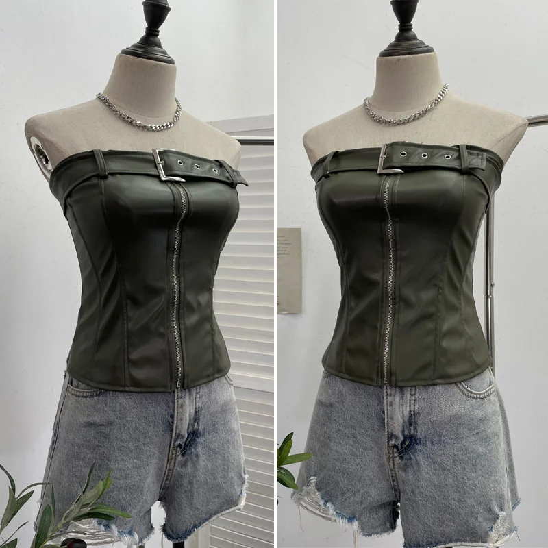 Uveng Real Shooting Spice Girls High-End Pu Leather Tector Locomotive Wind Wrapped Bra Vest Sleeveless Top Tide 1986