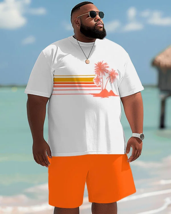 Hawaiian Gradient Stripe Coconut Tree Print Shorts Men's Plus Size Suit