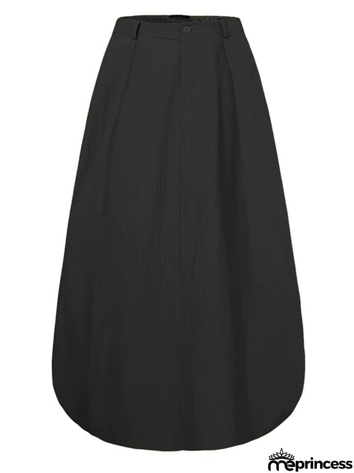Retro Style Elastic Waist Button Zipper Pocket Flare Maxi Skirt