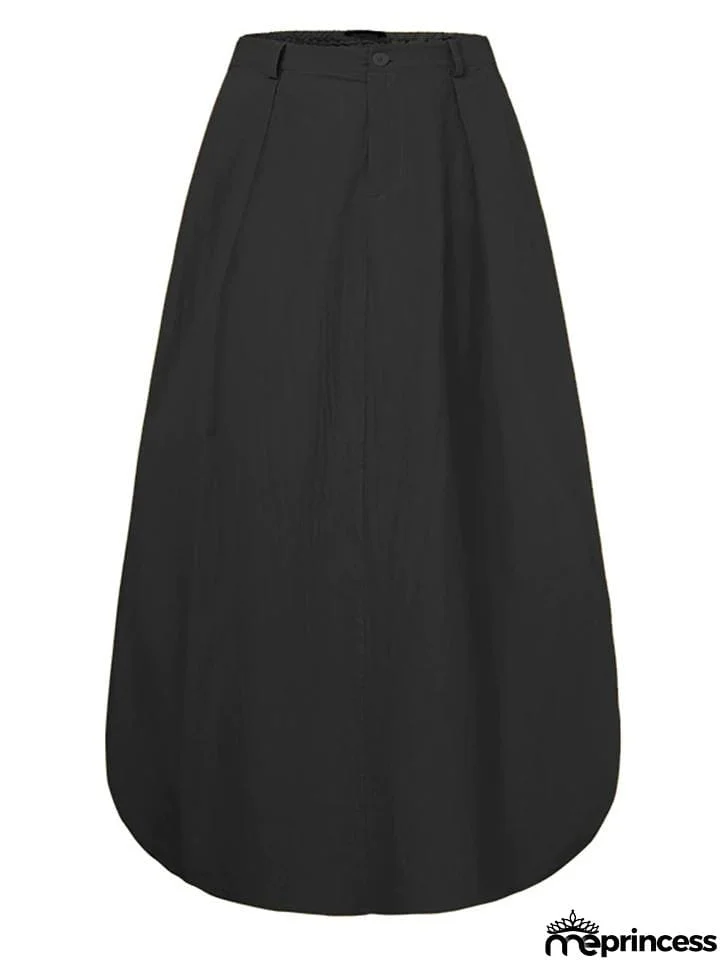 Retro Style Elastic Waist Button Zipper Pocket Flare Maxi Skirt