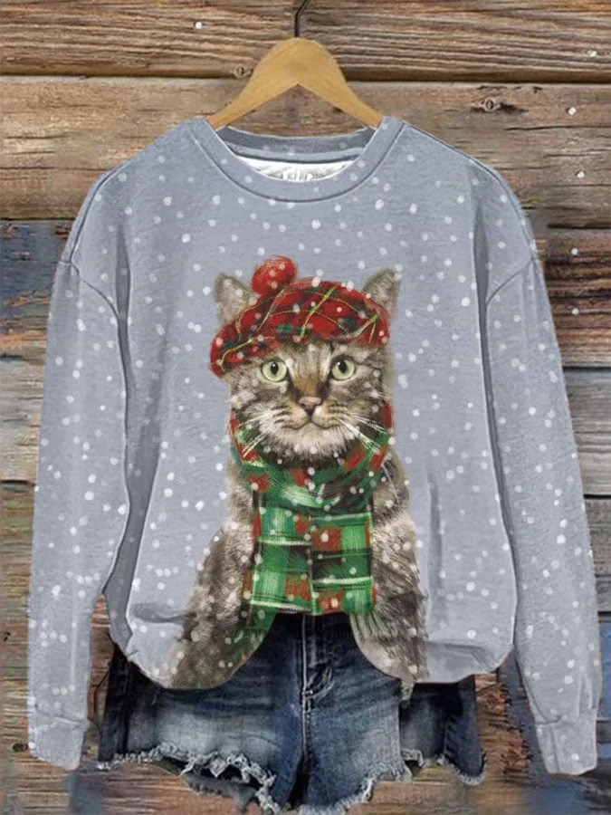 Women's Winter Cat Printed Crew Neck Sweatshirt