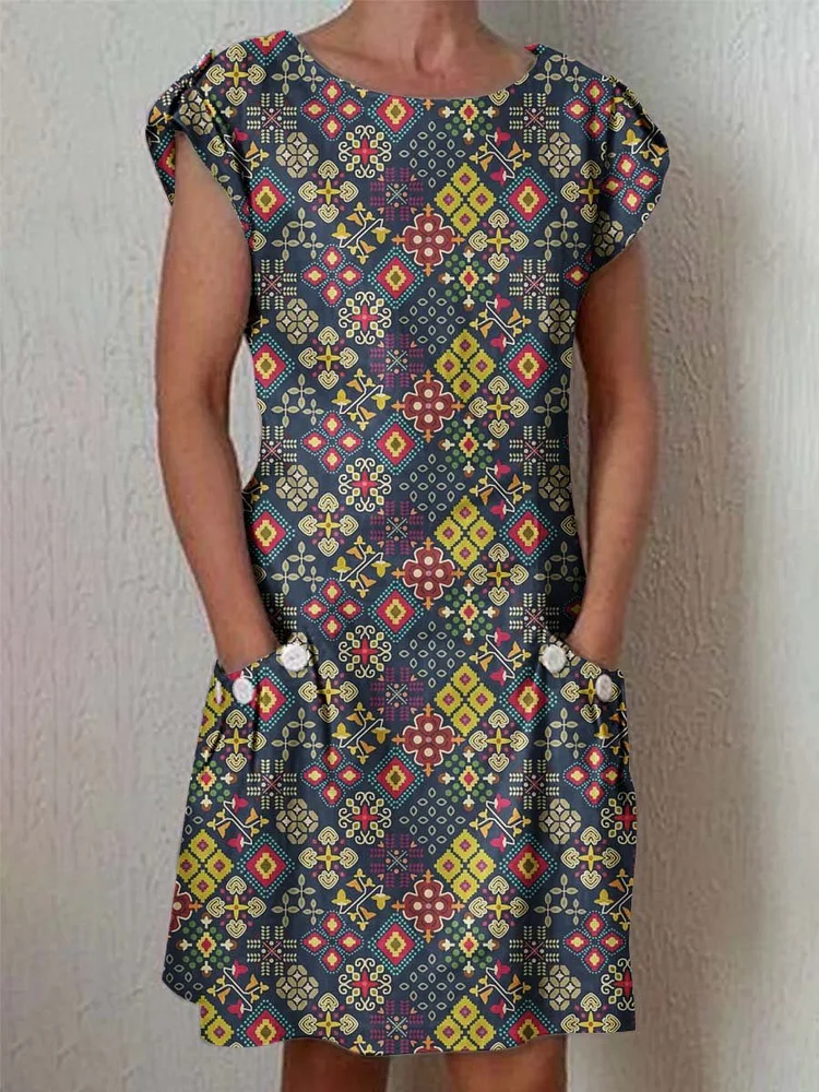 Women's Classic Art Geometric Pattern Vintage Cotton and Linen Dress with Pockets