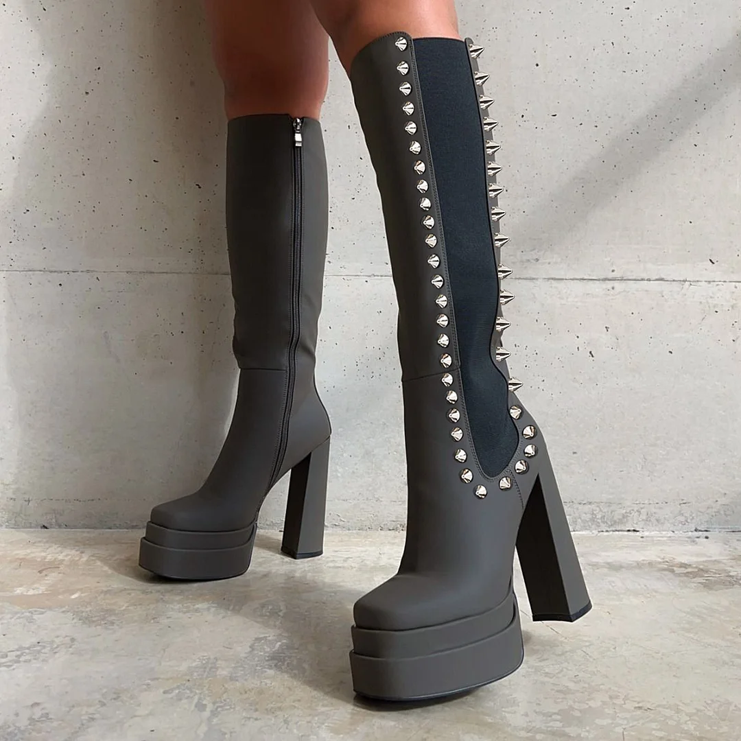  Platfrom Knee Boots Rivet Decor Chunky Heel Knee Boots Nicepairs