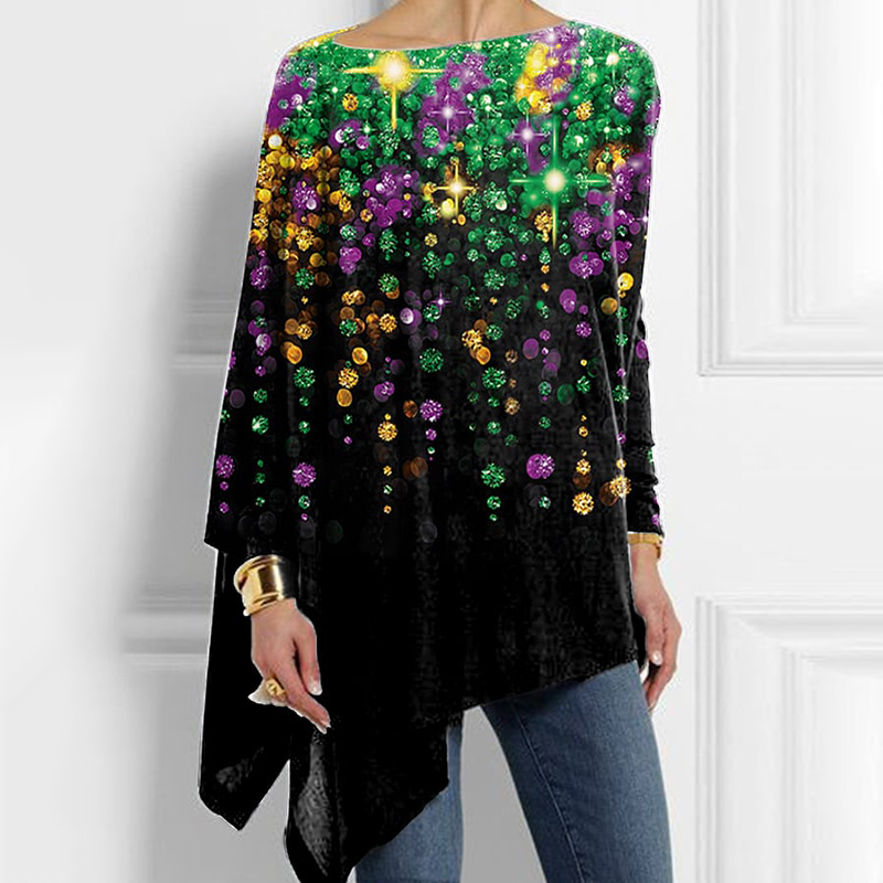 Comstylish Mardi Gras Print Irregular Casual T-Shirt