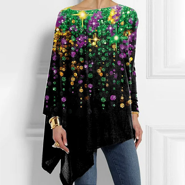 Comstylish Mardi Gras Print Irregular Casual T-Shirt