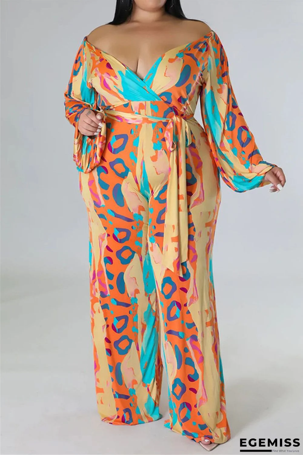 Apricot Casual Print Bandage Patchwork V Neck Plus Size Jumpsuits | EGEMISS