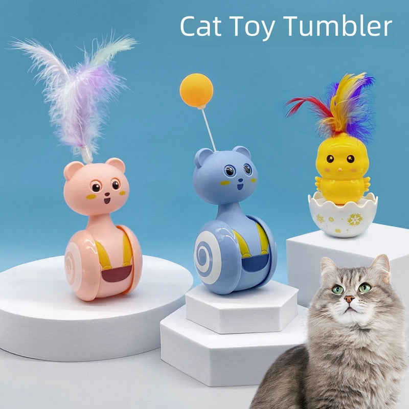 New Colorful Feather Cat Toy Ball Self-entertaining Weeble Wobble Cat Scratch Toy Stick Fun Interactive Pet