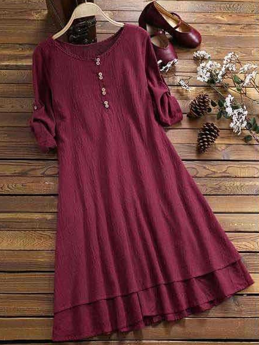 Vintage Casual Button Crew Neck Half Sleeve Midi Dress