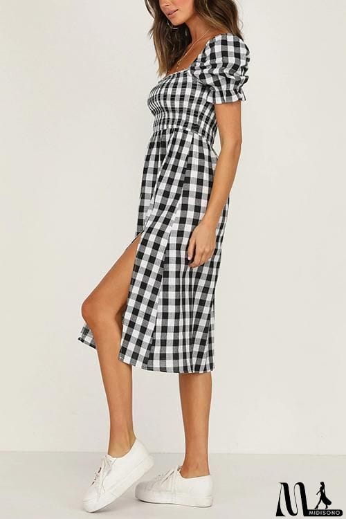 MidiSono - Plaid Square Neck Slit Dress