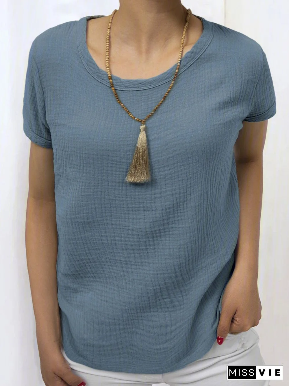 Women Casual Linen Cotton Plain Short Sleeve Blouses