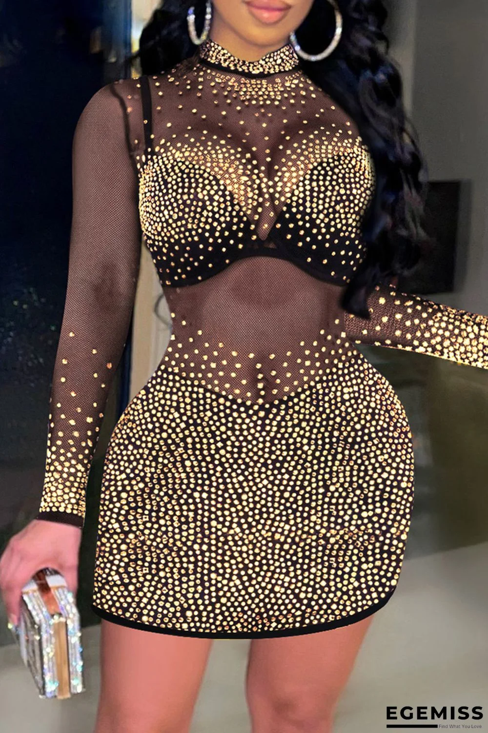 Gold Sexy Patchwork Hot Drilling See-through Half A Turtleneck Long Sleeve Dresses | EGEMISS