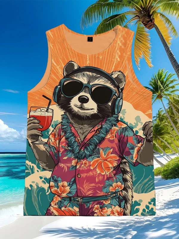 Men's Great Wave Raccoon Listening To Music Art Print Tank Top