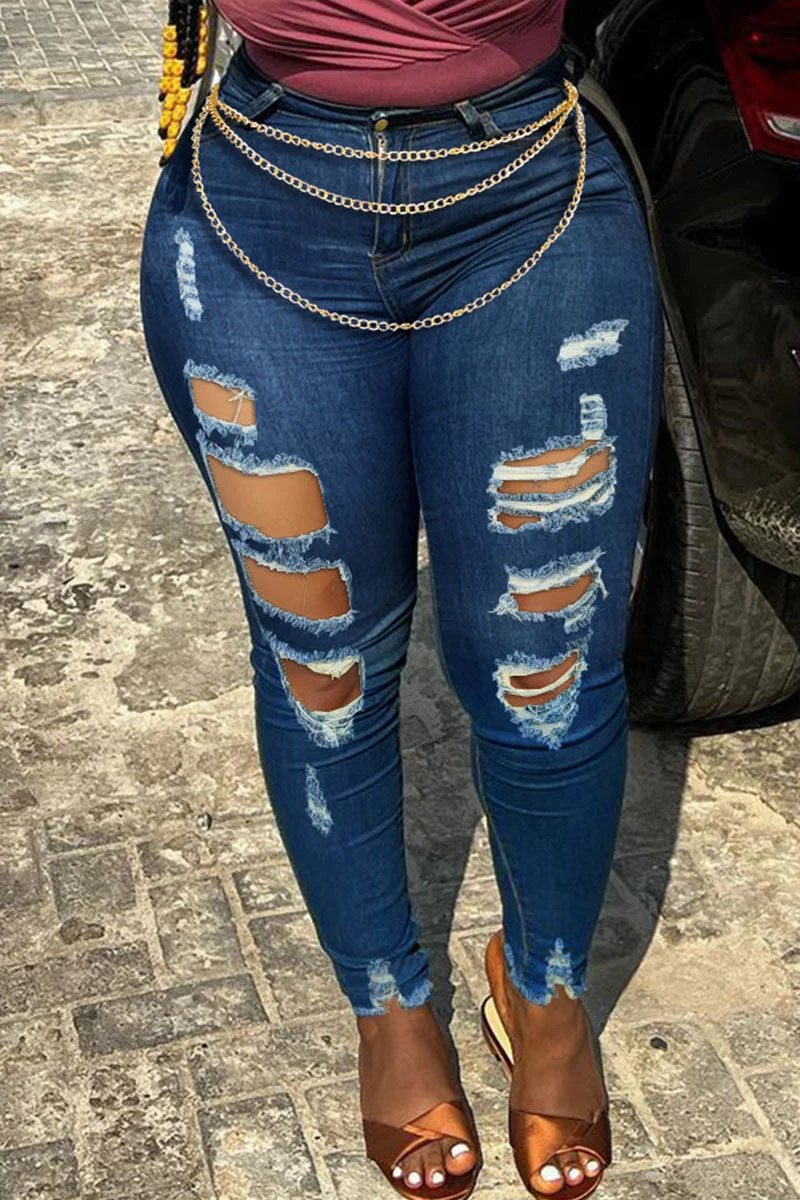 Sexy Street Solid Ripped Patchwork Metal Accessories Decoration High Waist Denim Jeans