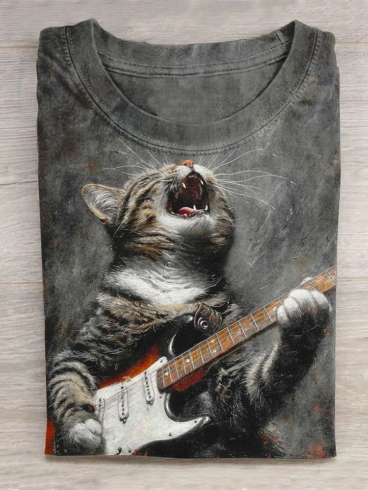 Unisex Retro Funny Cat Plays Guitar Rock Cat Art Print Design T-shirt